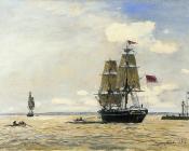 约翰 巴托特 琼坎 : Norwegian Naval Ship Leaving the Port of Honfleur